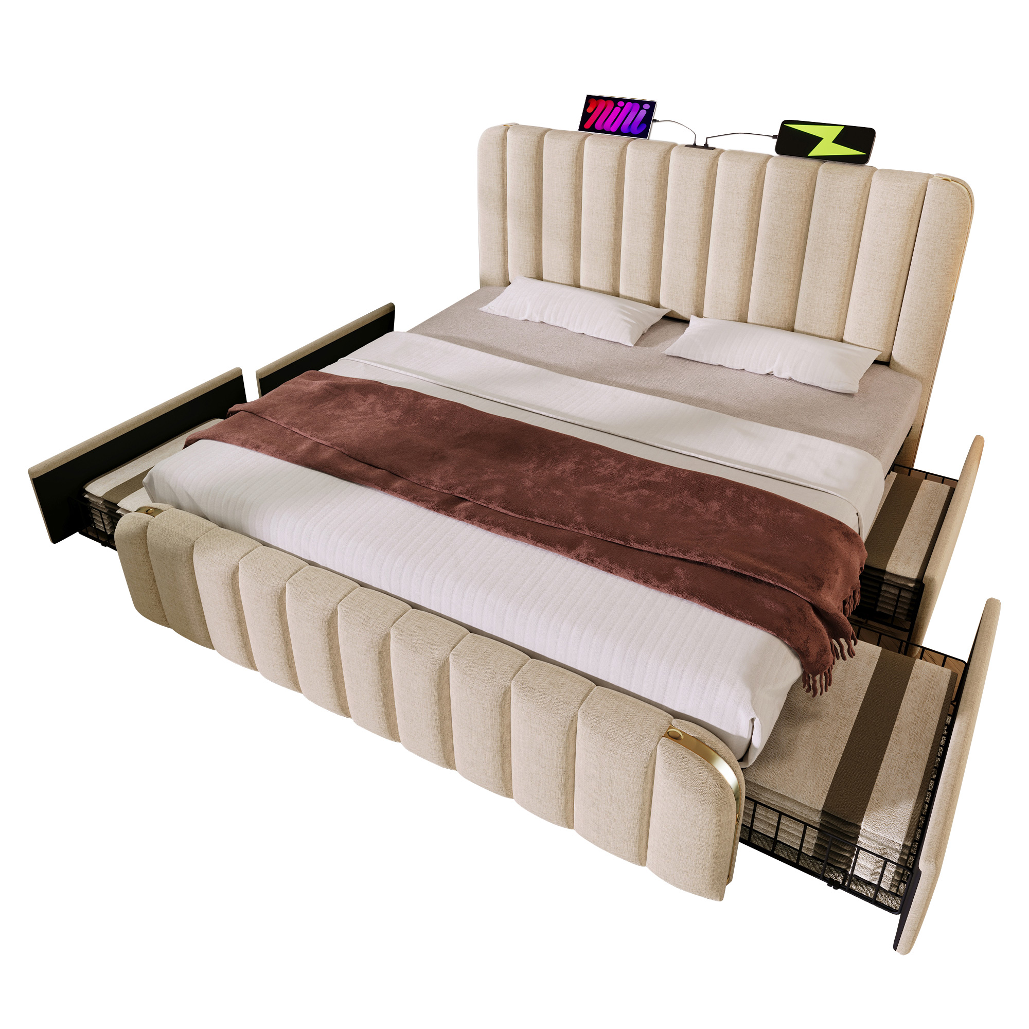 sänky 140x190 cm USB- ja tyypin C -lataus, beige liinamateriaali, 4 laatikkoa, 181 kg kantavuus