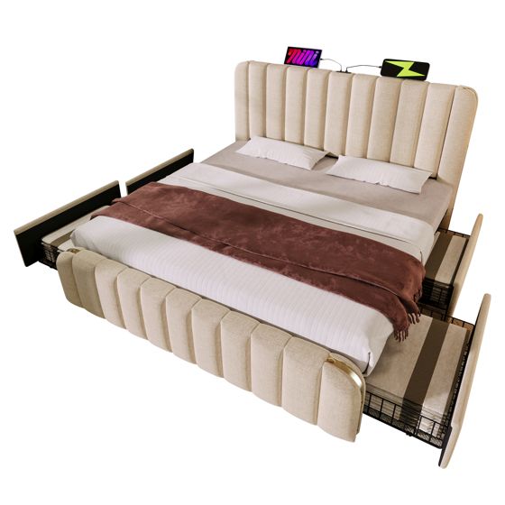 sänky 140x190 cm USB- ja tyypin C -lataus, beige liinamateriaali, 4 laatikkoa, 181 kg kantavuus