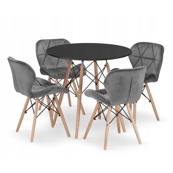 TODI 80 pyöreä pöytä, 4 LAGO-tuolia harmaa, musta