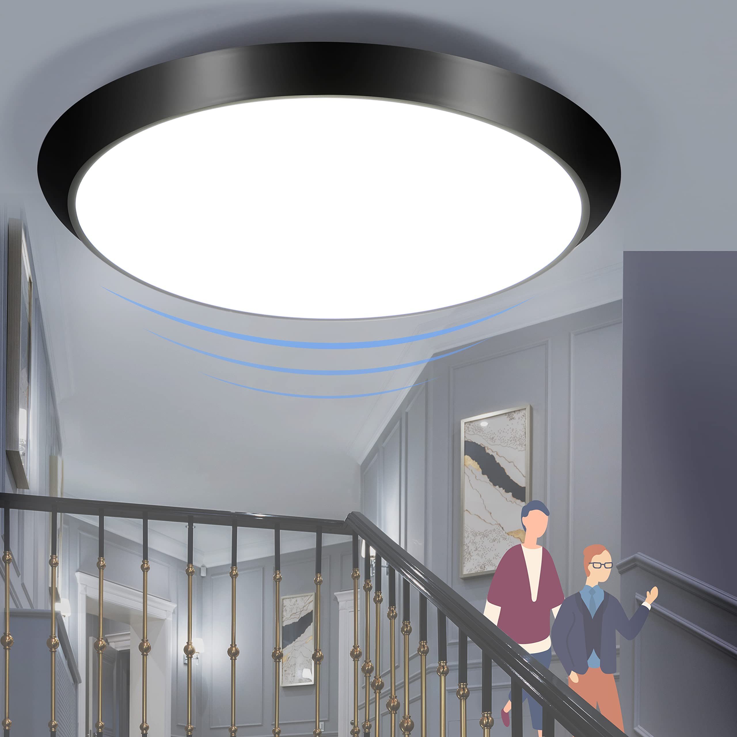 NETTLIFE LED - kattovalaisin, sisäkäyttöön liiketunnistimella, musta IP44 15 W, PyöreäKellarivalaisin, liiketunnistimella Ø 30 cm, 4000K