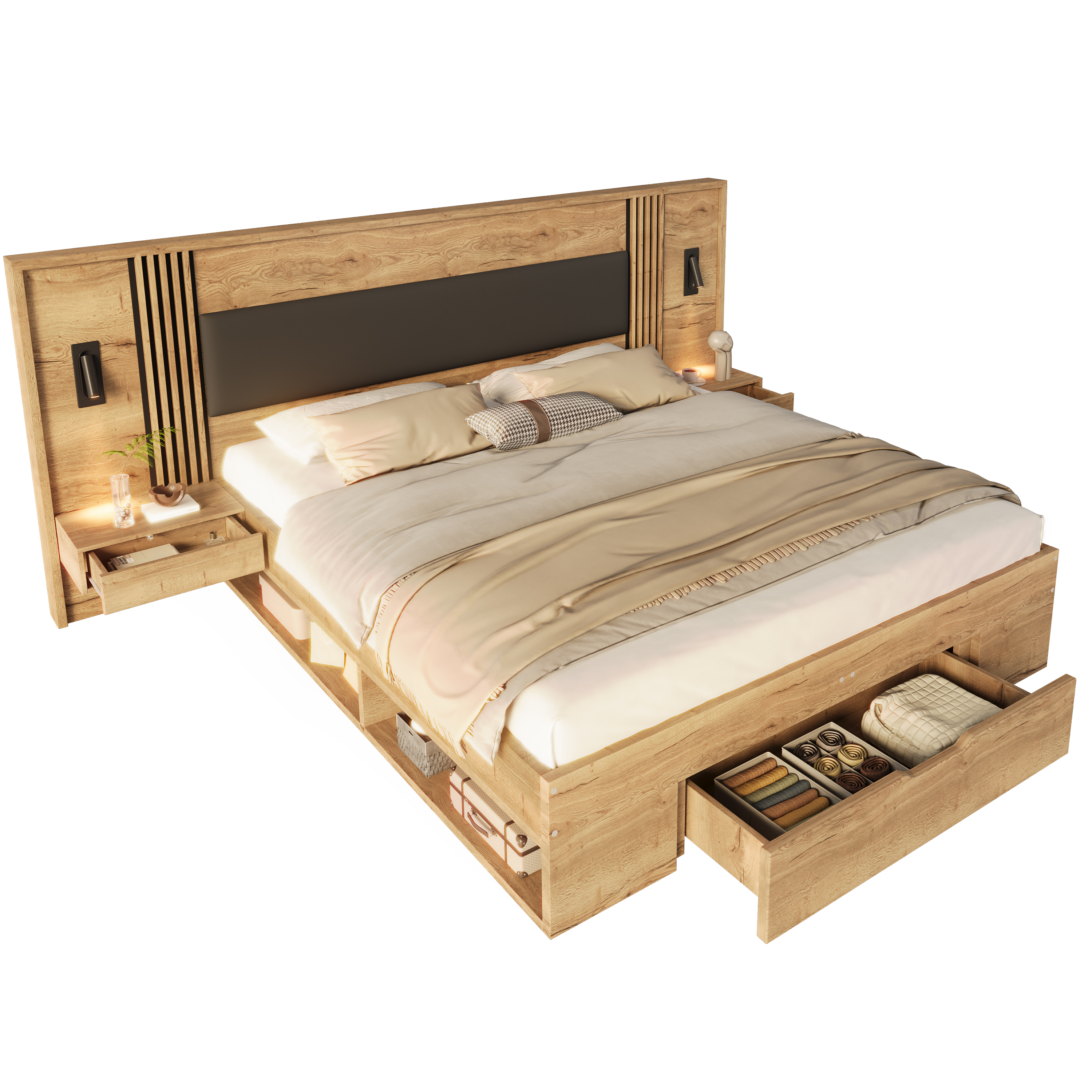 sänky 180x200 cm säilytystila turva-aidat LED-valaistus kermanvärinen MDF