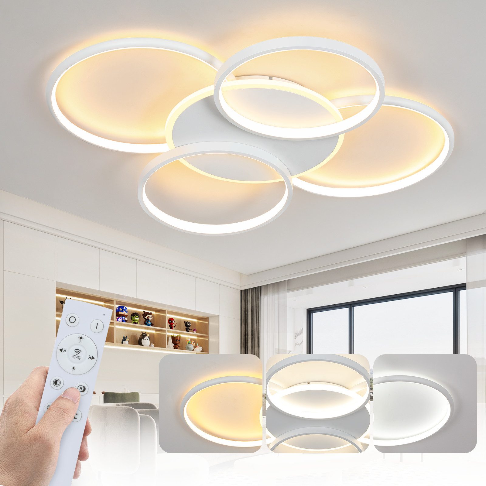 NETTLIFE LED - kattovalaisin, olohuoneeseen, himmennettävä, 70WKaukosäätimellä, 5, rengasta Valkoinen, moderni, akryyli, himmennettävä