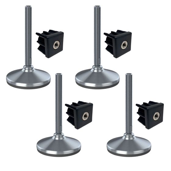 Ruostumaton teräsjalka M16x150, pohjan halkaisija 105 mm, kumityyny + sisäosa 50x50x2 mm – 4 kpl:n sarja