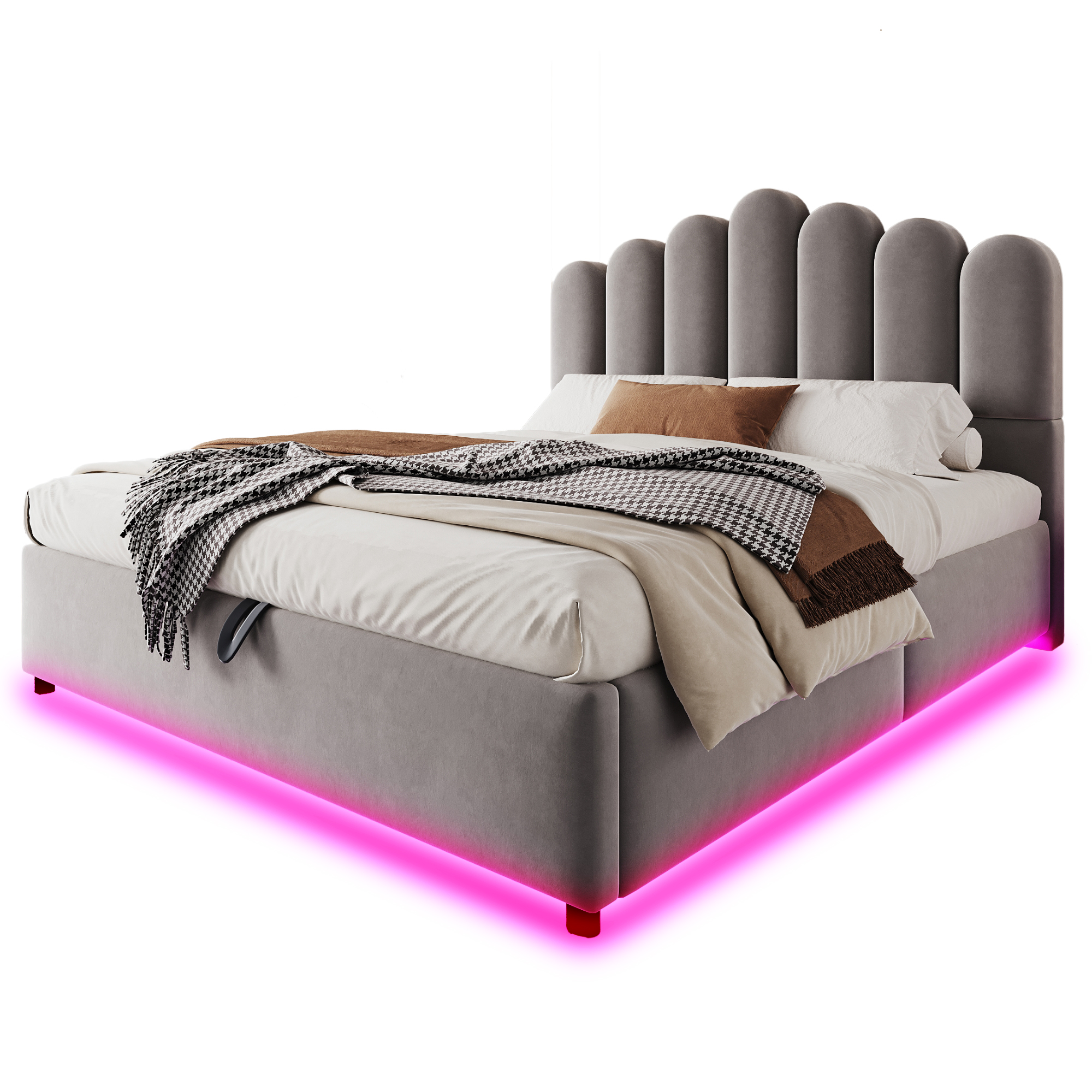 sänky 140x200 cm turva-aidat LED-valaistus säilytystila harmaa kangas