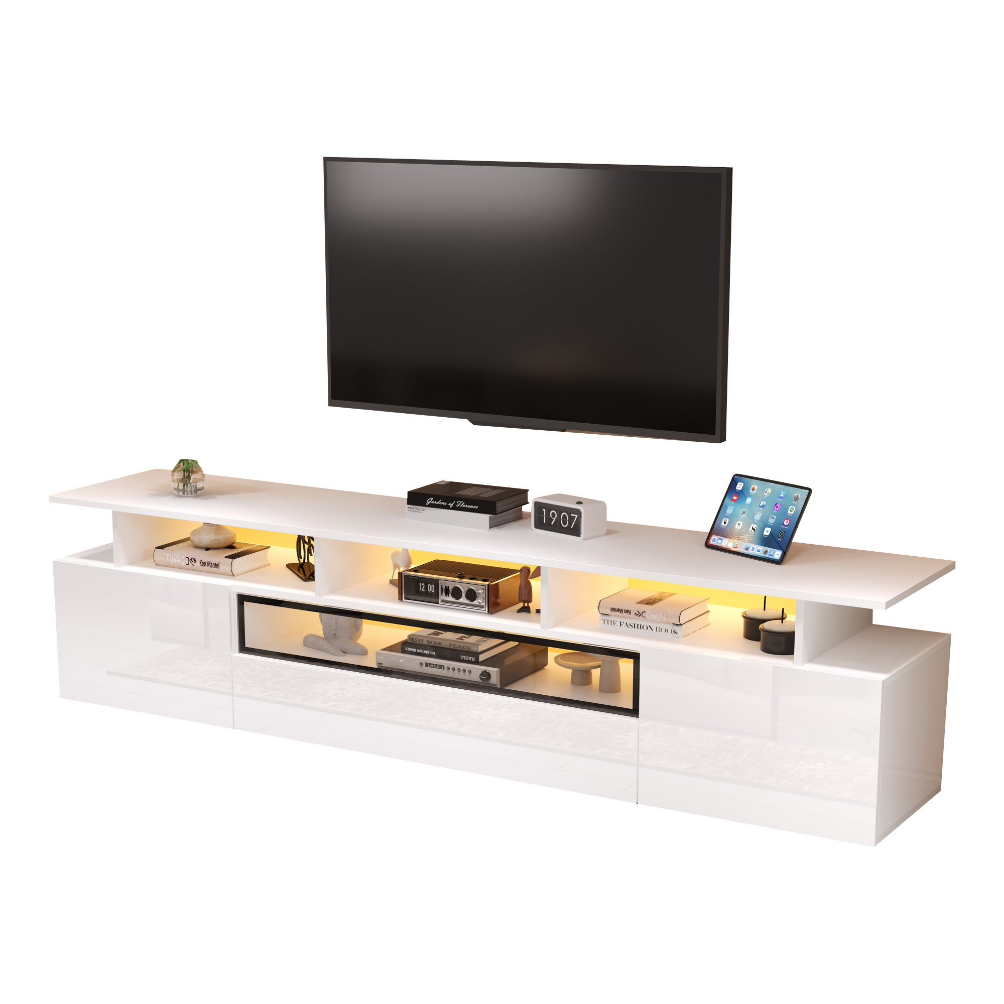 TV-taso 180x38x45 cm valkoinen lastulevy säilytyksellä ja LED-valaistuksella