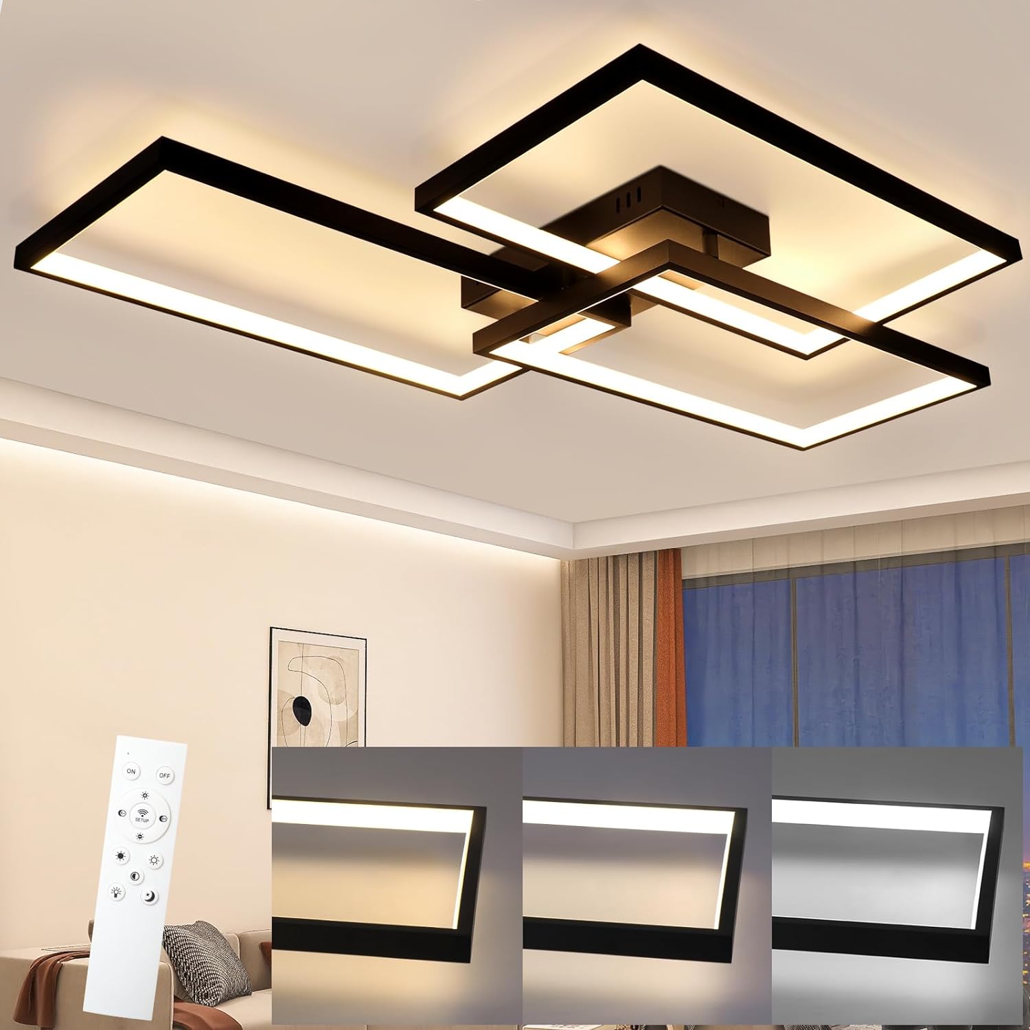 NETTLIFE LED - kattovalaisin, musta metalli, 72W 80CM, olohuoneen lamppu, moderni himmennettäväKaukosäätimellä suorakaiteen, muotoinen muotoilu