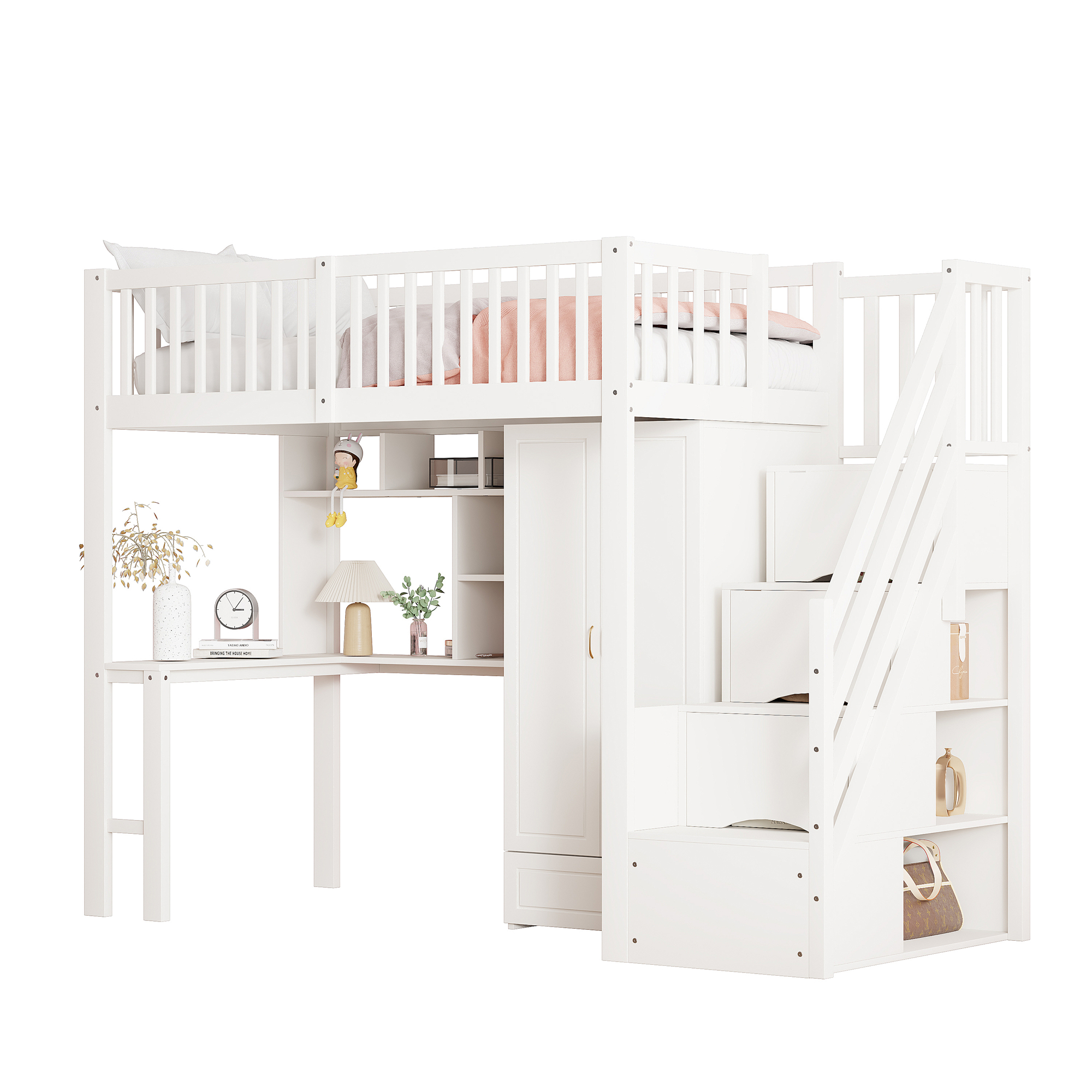 Säilytysloft-sänky, 90x200cm, vaatekaapin, hyllyn, työpöydän ja portaiden kanssa, valkoinen