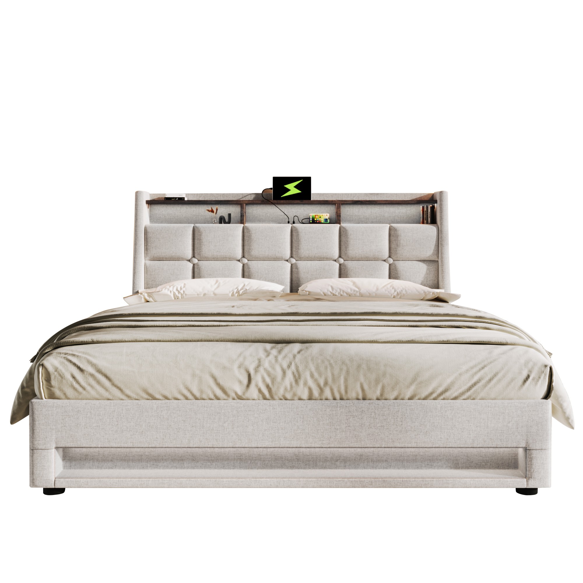 Verhoiltu parisänky, 160x200cm, LED- ja USB-lataus, beige liinavaate