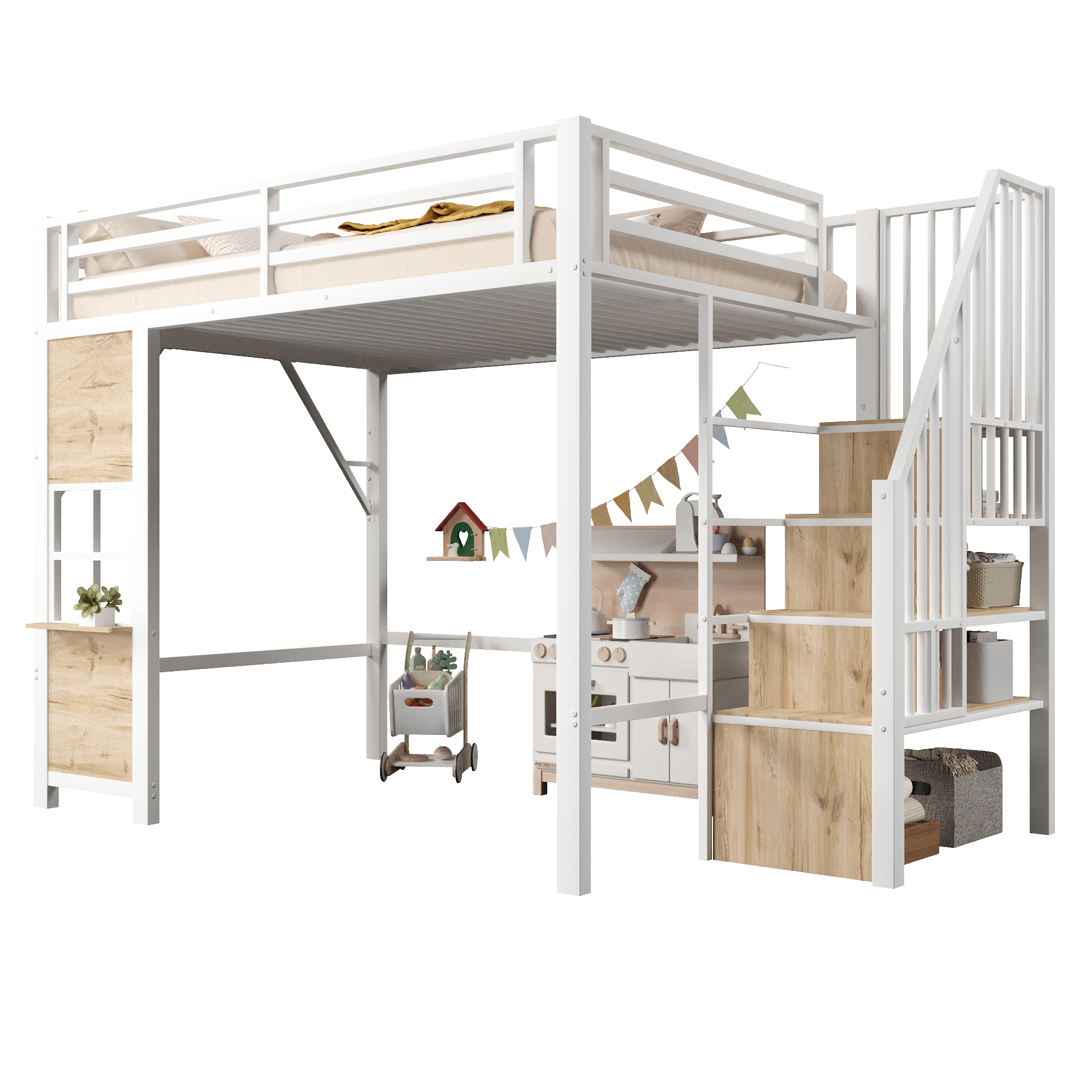 Hochbett 140x200 cm turva-aidat säädettävä metallirunko ja MDF valkoinen