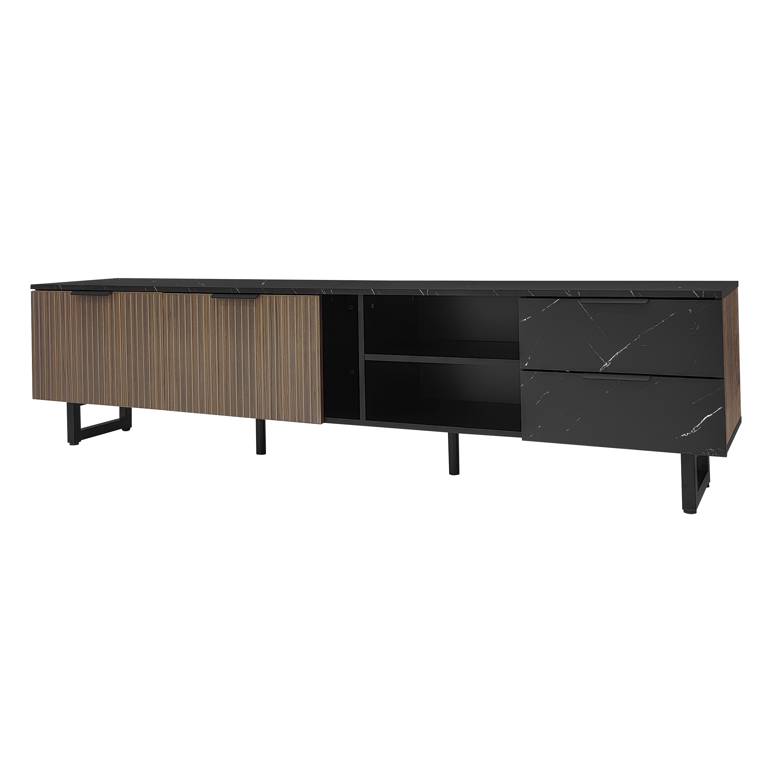 TV-taso 200x50x38 cm musta marmorin pinnalla ja tummanpuun mallinen, MDF, säilytystila kahdella oveilla ja kahdella laatikolla