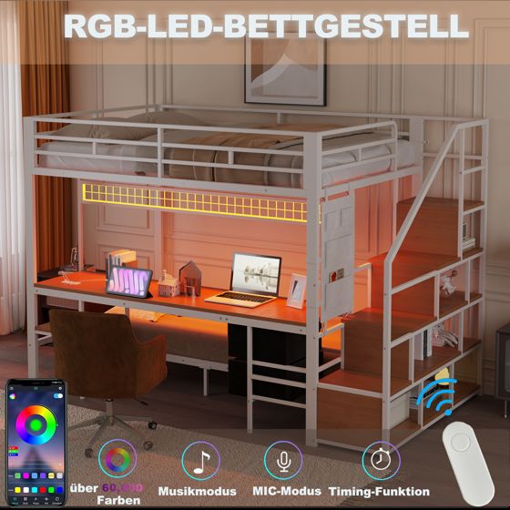 Metallinen kerrossänky 140/90x200, työpöydällä, LED-valoilla, pistorasioilla, avoimella säilytystilalla ja kangaslaatikoilla, valkoinen