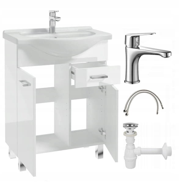 Kylpyhuonekaappi pesualtaalla jaloilla 85x55, seisova valkoinen Mea pitkänomainen kromihana