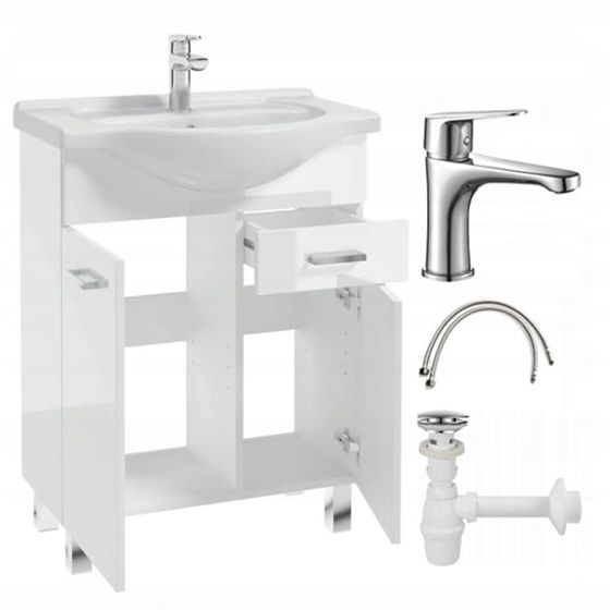 Kylpyhuonekaappi pesualtaalla jaloilla 85x55, seisova valkoinen Mea pitkänomainen kromihana