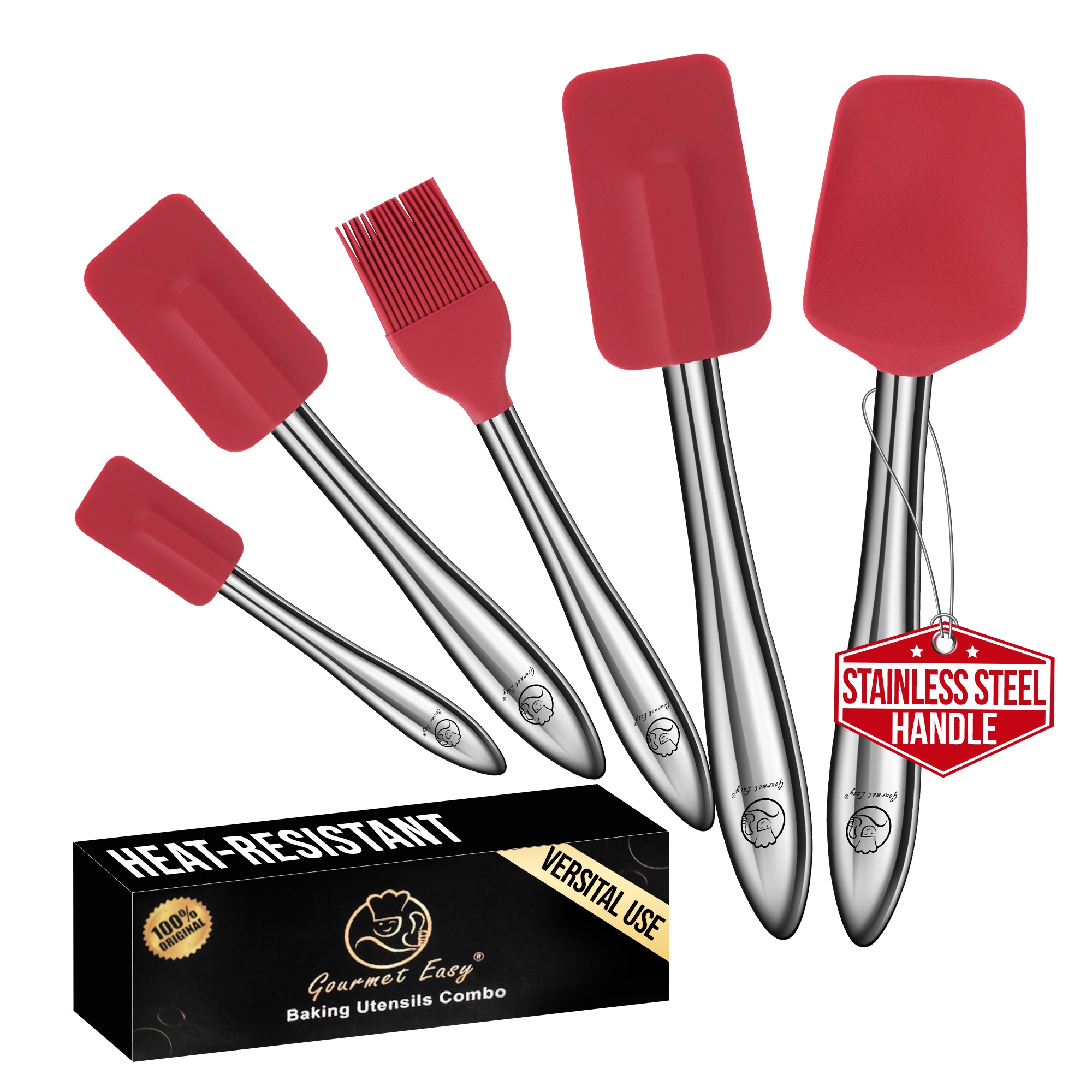 Gourmet Easy 5 kpl silikonilastasarja, lämmönkestävä ruostumattomasta teräksestä valmistettu kahva (punainen)