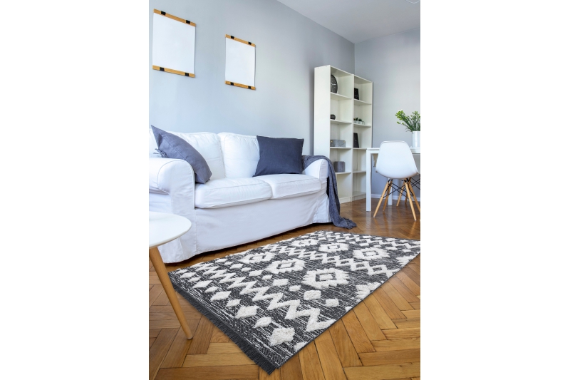 Matto MOROC Zigzag 22319 Ekologinen, EKO SIZAL tupsut - harmaa / kerma, kierrätetty puuvillamatto 117x170 cm