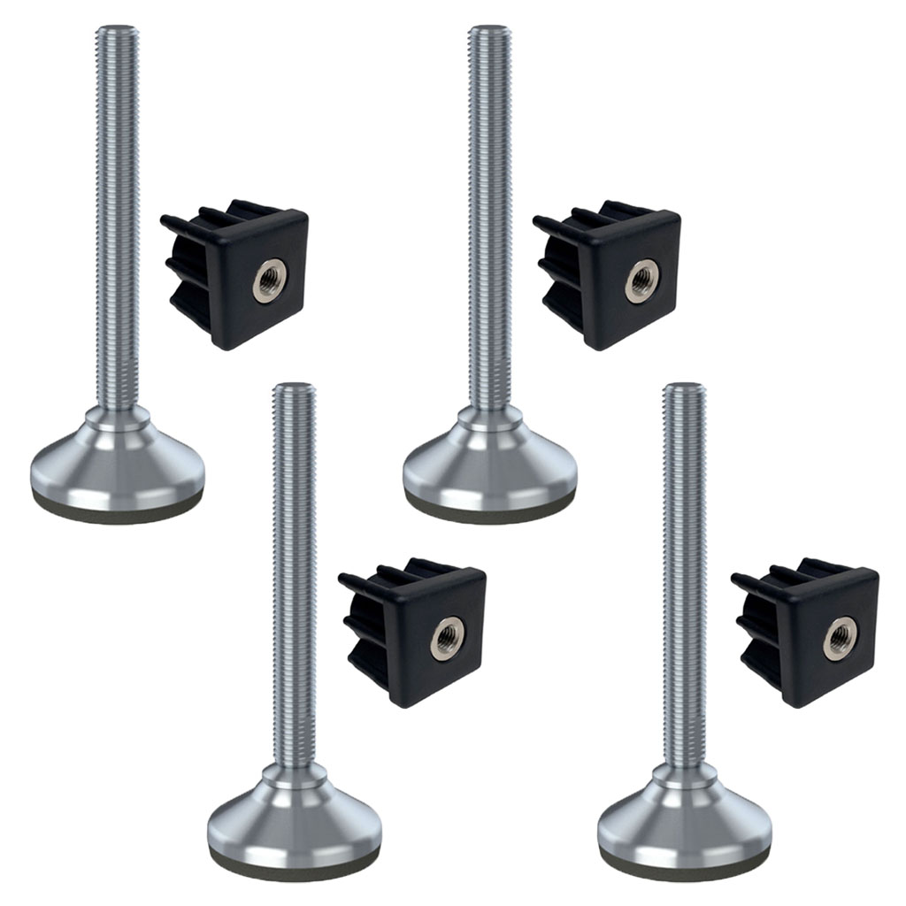 Ruostumaton jalka 16x150x65mm, jalustassa kumityyny + insertit 40x40x2mm - 4 kpl:n sarja.