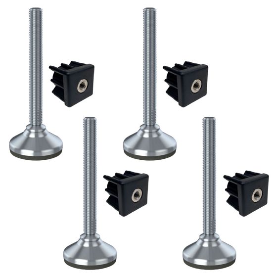 Ruostumaton jalka 16x150x65mm, jalustassa kumityyny + insertit 40x40x2mm - 4 kpl:n sarja.