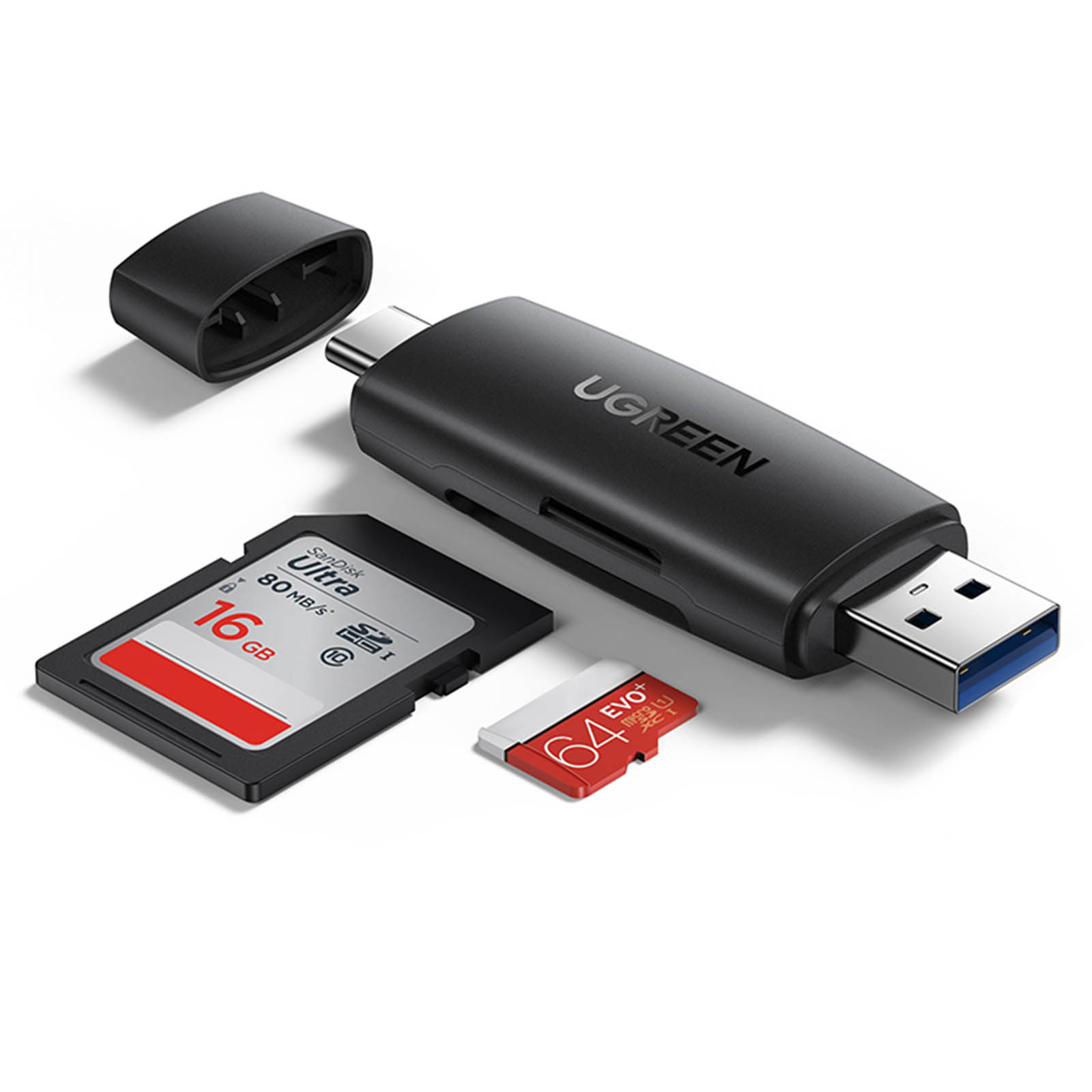 Sovitin 2 liittimellä, USB-A ja USB-C, SD- ja microSD-kortinlukija, musta