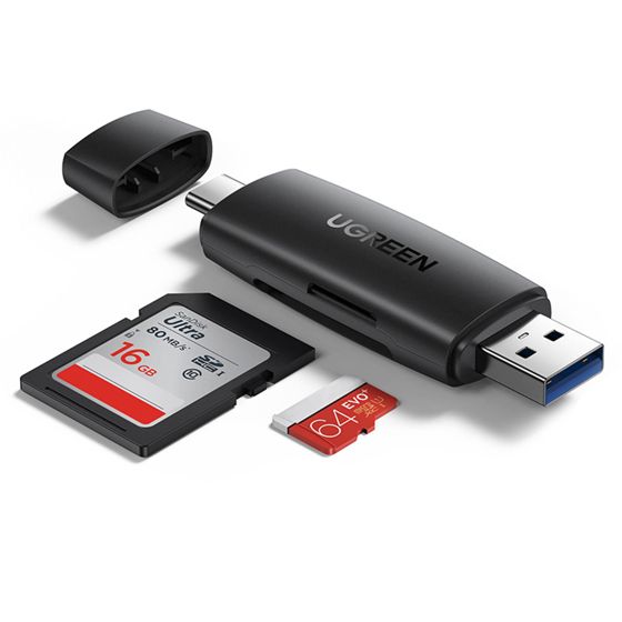 Sovitin 2 liittimellä, USB-A ja USB-C, SD- ja microSD-kortinlukija, musta