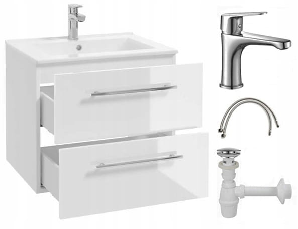 Kylpyhuonekaappi pesualtaalla 50x50, seinälle ripustettava, valkoinen Pinia, pitkänomainen kromihana