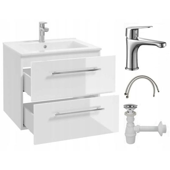 Kylpyhuonekaappi pesualtaalla 50x50, seinälle ripustettava, valkoinen Pinia, pitkänomainen kromihana