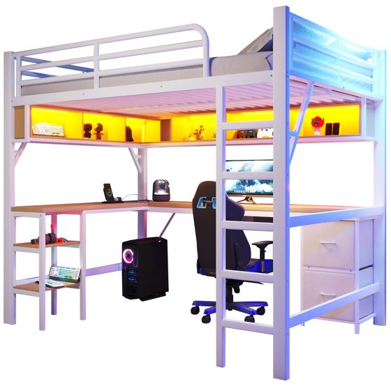 Kerrossänky pelikäyttöön 140x200, parisänky, hyllyllä, työpöytä, vaatekaappi, USB, LED, metalli, valkoinen