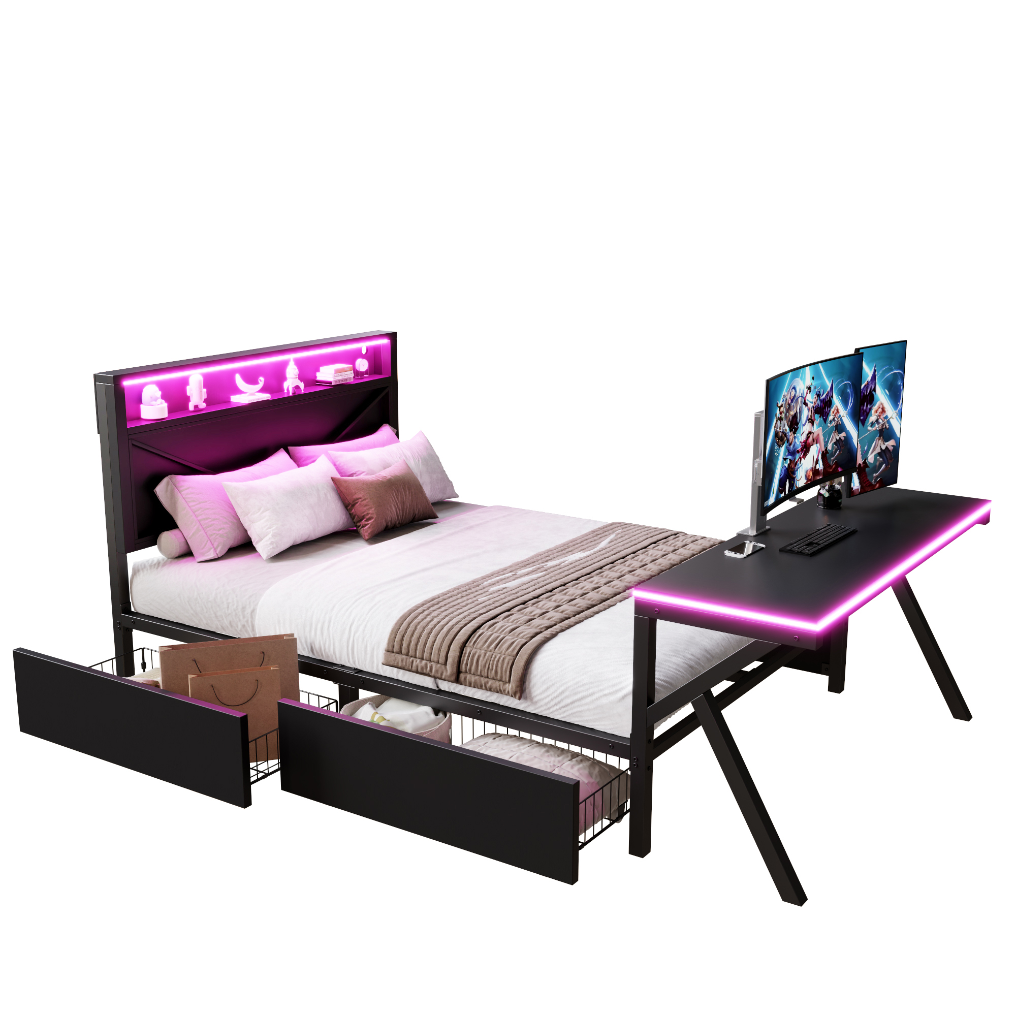 Pelialustan sänky 140x200 cm, kaksinkertainen, metalli, LED-pääty, LED-pöytä, laatikot, musta