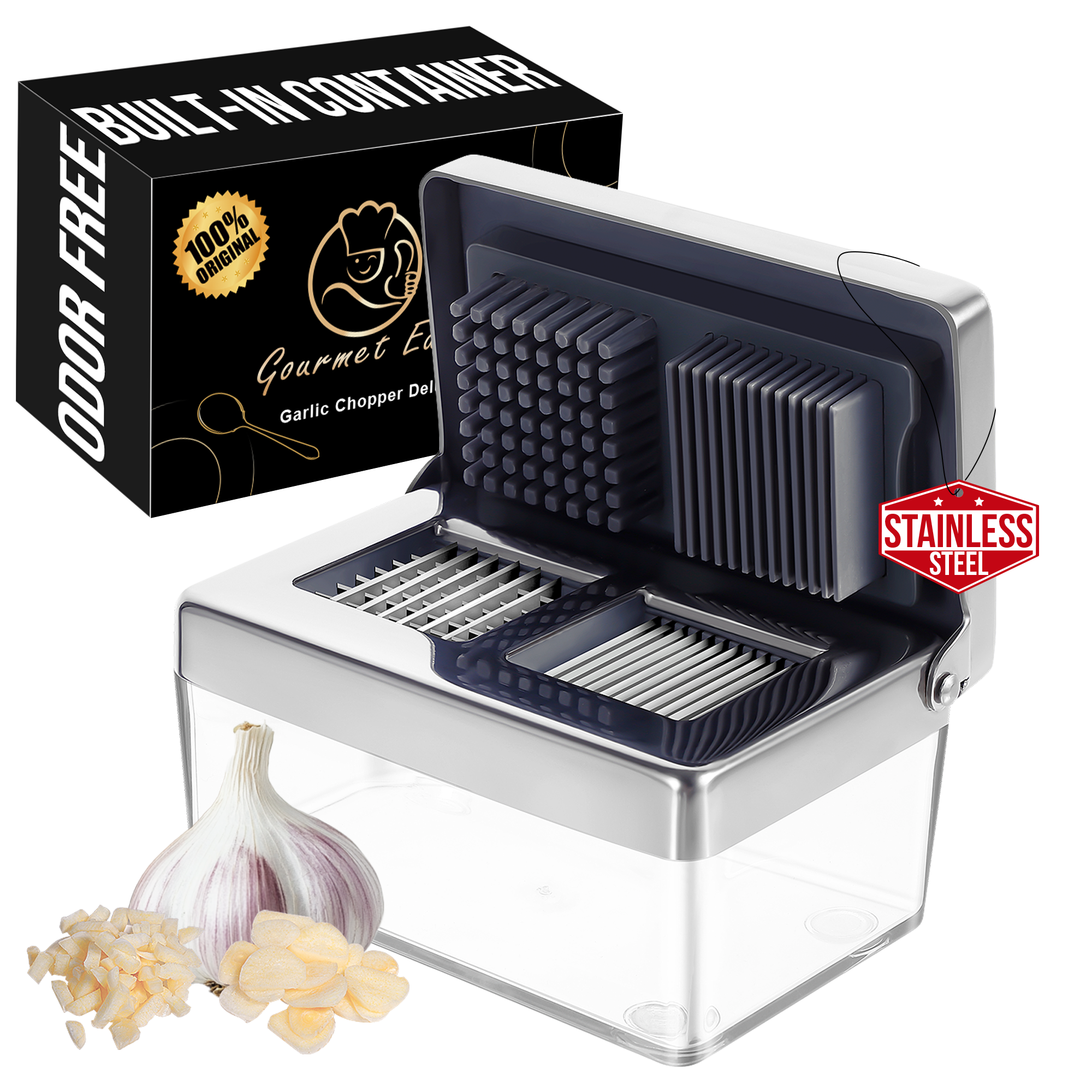 Gourmet Easy Valkosipulin silppuri, ruostumattomasta teräksestä valmistettu Gralic Puristin, 2-in-1 valkosipulin siivutuskone erittäin ohut astialla