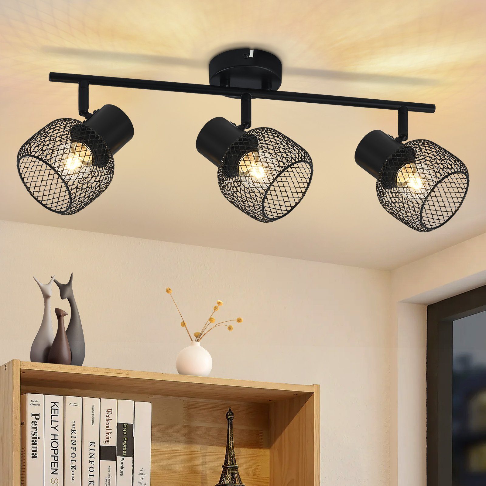 NETTLIFE - kattovalaisin, 3 pistettä, max. 25W, E27, musta Kattoon KiinnitettäväVintage - metallipolttimo Kääntyvä, 330°