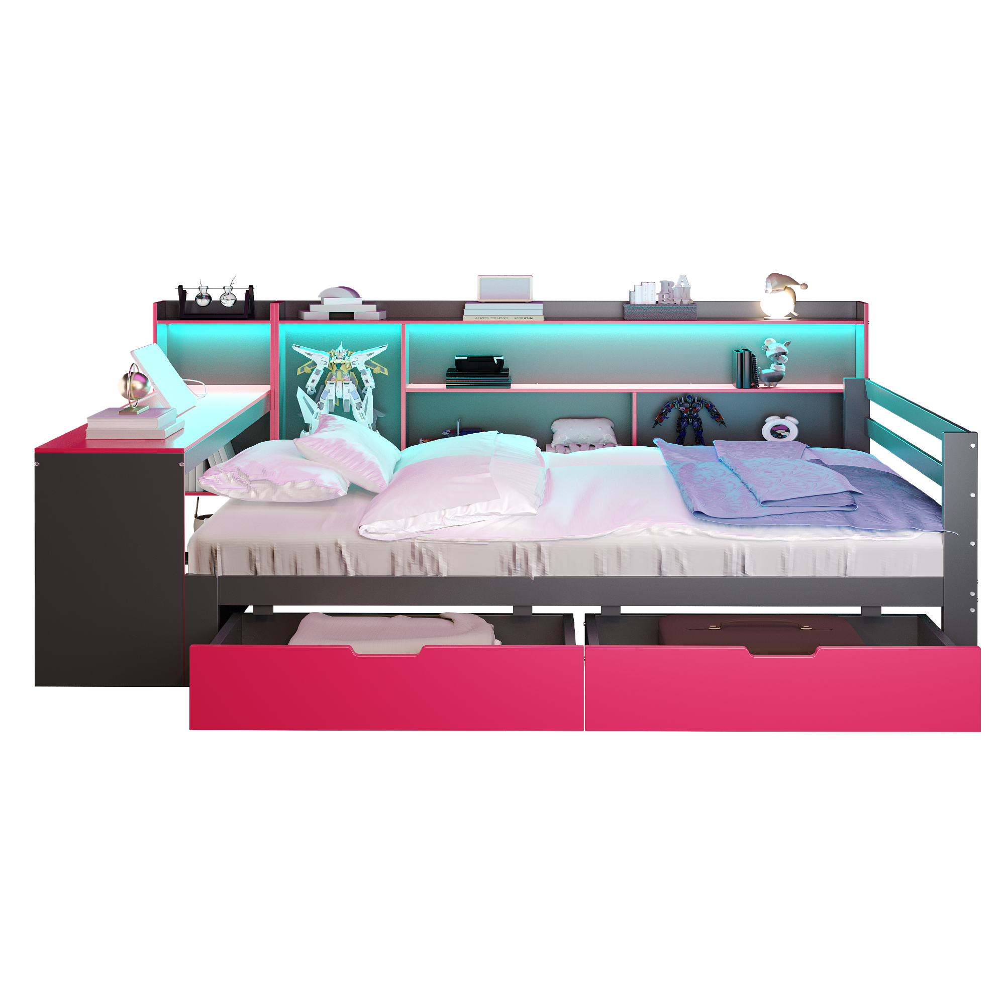 Puinen vuodesohva 140x200cm, yksittäinen, työpöytä, kirjahylly, säilytystila, LED, musta ja punainen