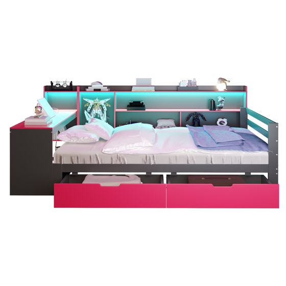 Puinen vuodesohva 140x200cm, yksittäinen, työpöytä, kirjahylly, säilytystila, LED, musta ja punainen