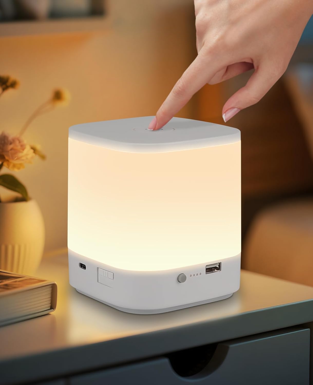 ZMH Kosketusherkkä LED-pöytävalaisin, jossa säädettävä kirkkaus, puunsyypinta, langaton, USB-ladattava, 3 värilämpötilaa (3600mAh)