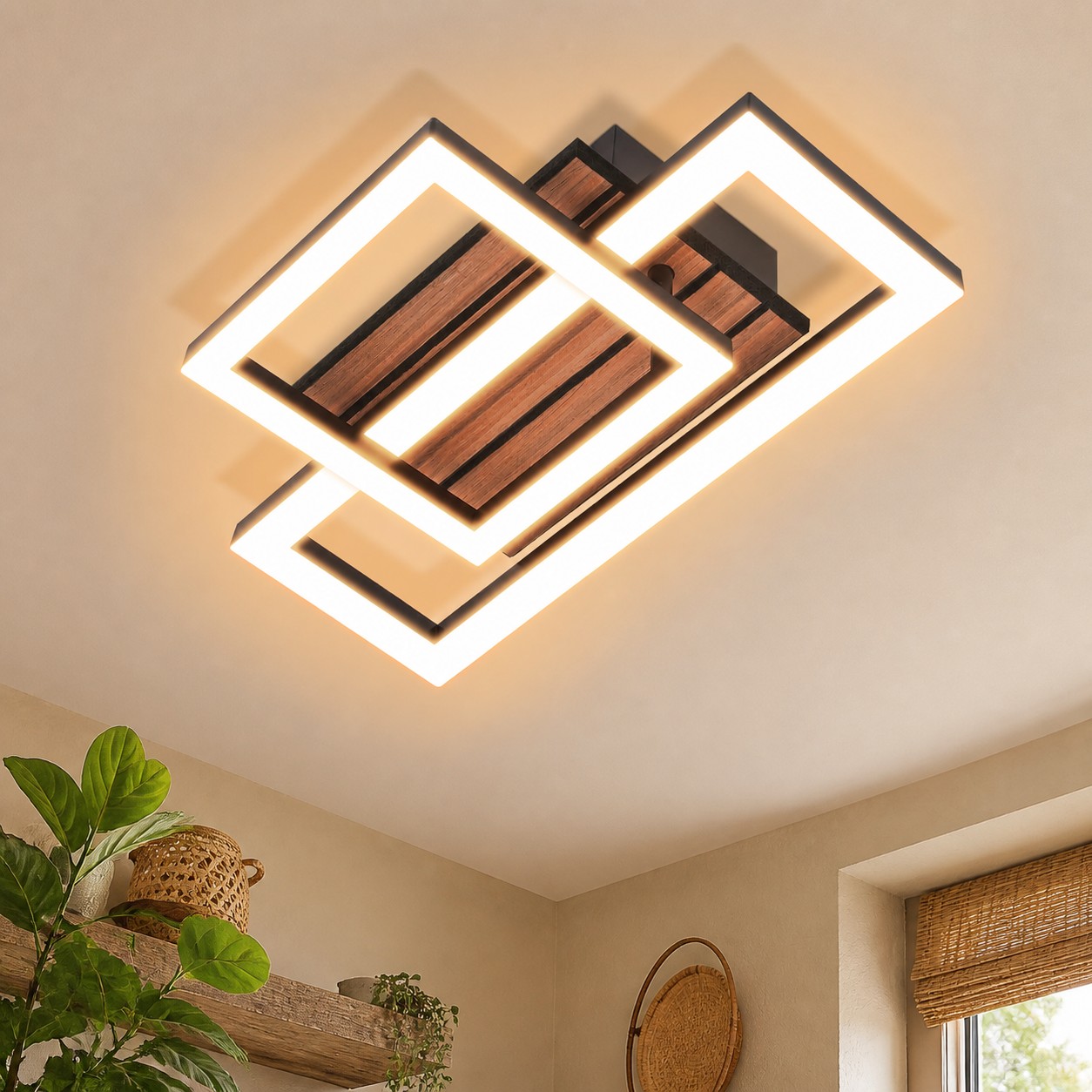ZMH Musta LED-kattovalaisin, 14 W, lämmin valkoinen 3000 K, puuviimeistely, eteiseen