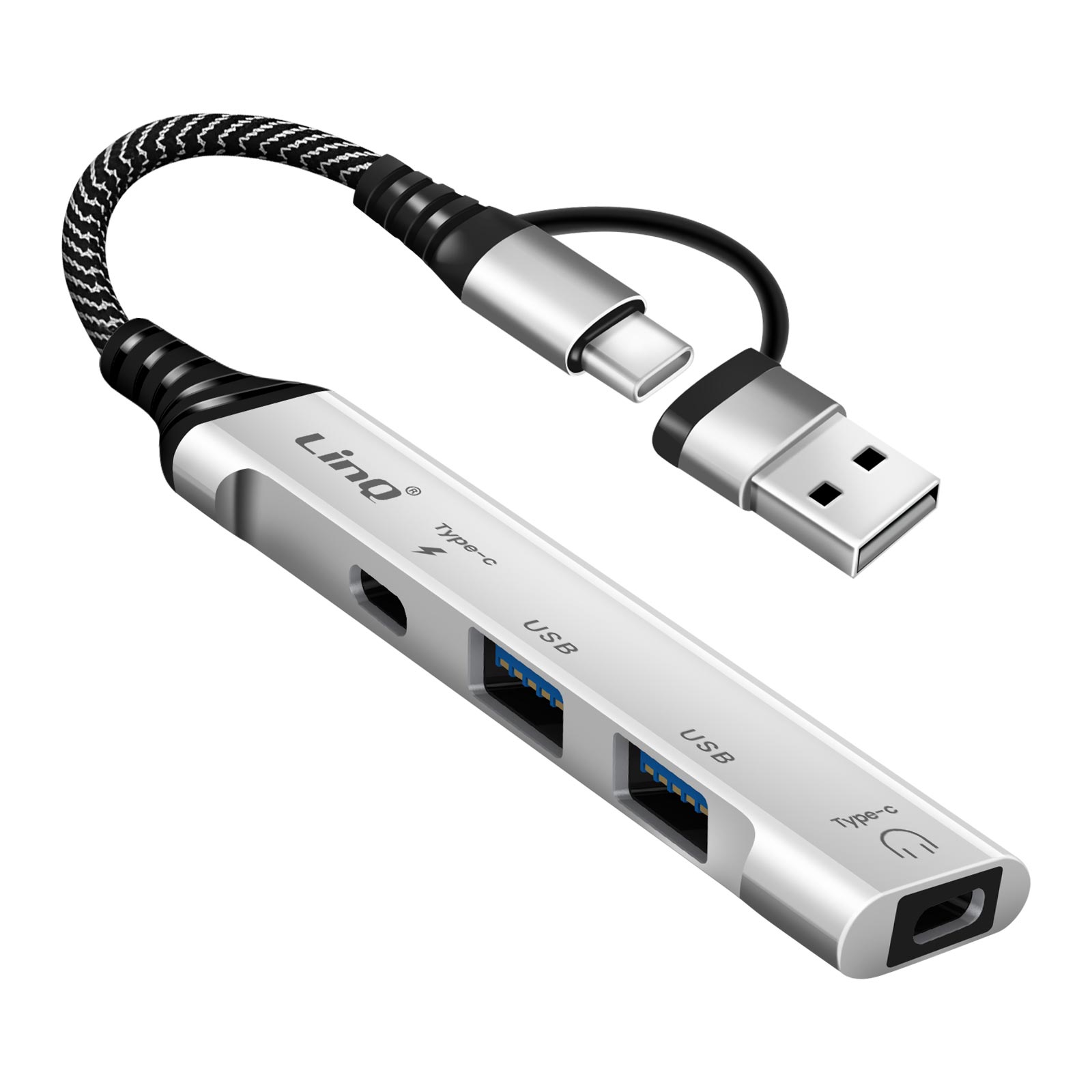 USB-C 4-in-1 USB-keskitin 2x USB 2.0 ja 2x USB-C Audio ja synkronointi -liitännöillä