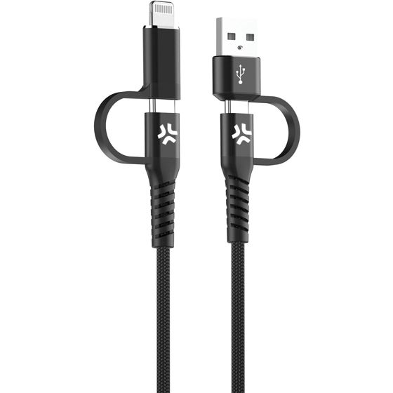 4-in-1-kaapeli USB-C/USB-A-USB-C/Lightning Max 60W 2 m Musta