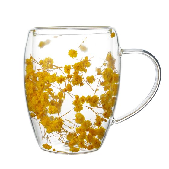 Allesken, Kaksiseinäinen borosilikaattilasi muki kuivatuilla kukilla, 320 ml, P:8,5 cm x L:6,5 cm x K:10 cm