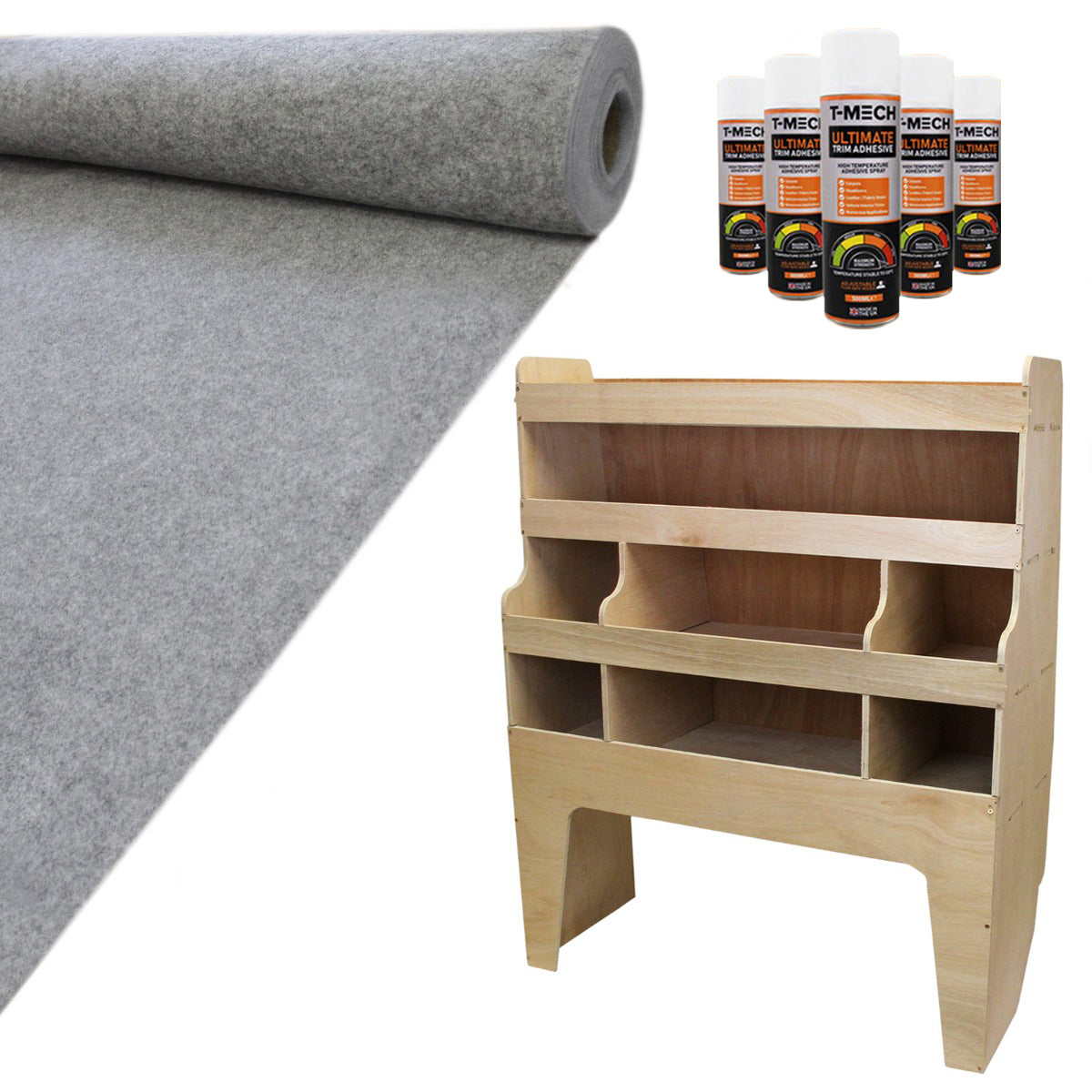 11 neliömetrin savunharmaa pakettiauton verhoilu ja VW Transporterin hyllystö