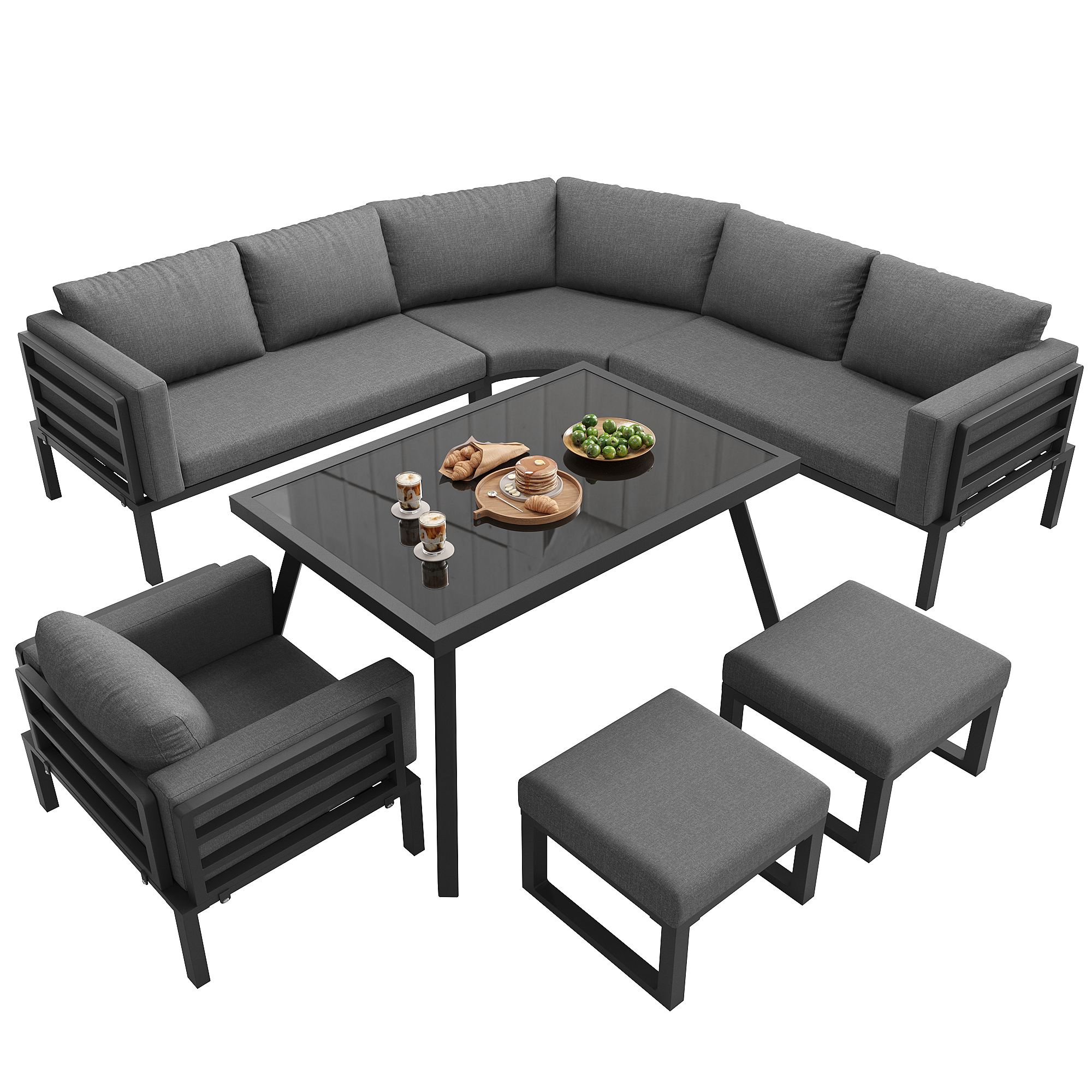 Oleskeluryhmä 8 henkilölle, puolikuun muotoinen, säänkestävä