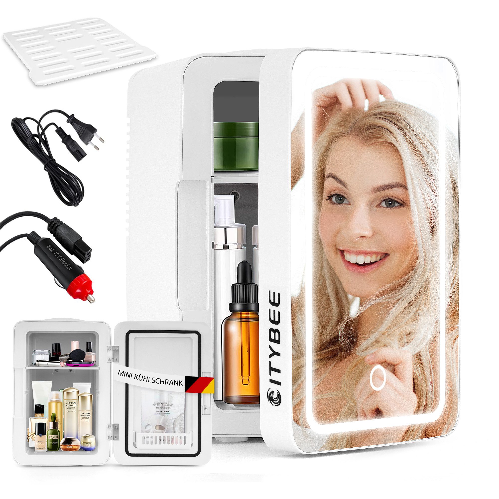 NETTLIFE 6L minijääkaappi - 12V 230V hiljainen pieni jääkaappi peilillä/LED-valaistuksella - Ihonhoitojääkaappi