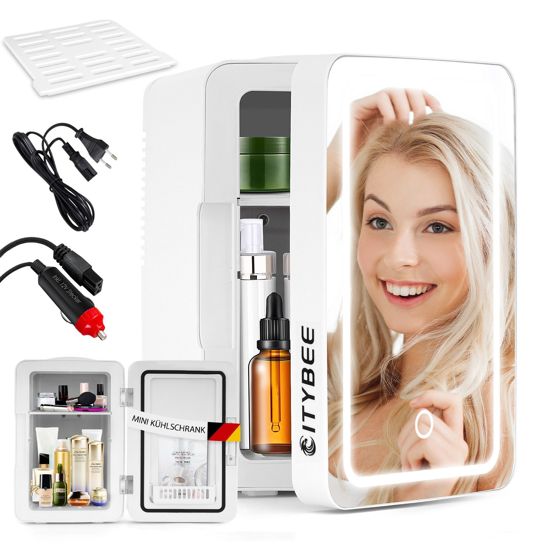 NETTLIFE 6L minijääkaappi - 12V 230V hiljainen pieni jääkaappi peilillä/LED-valaistuksella - Ihonhoitojääkaappi