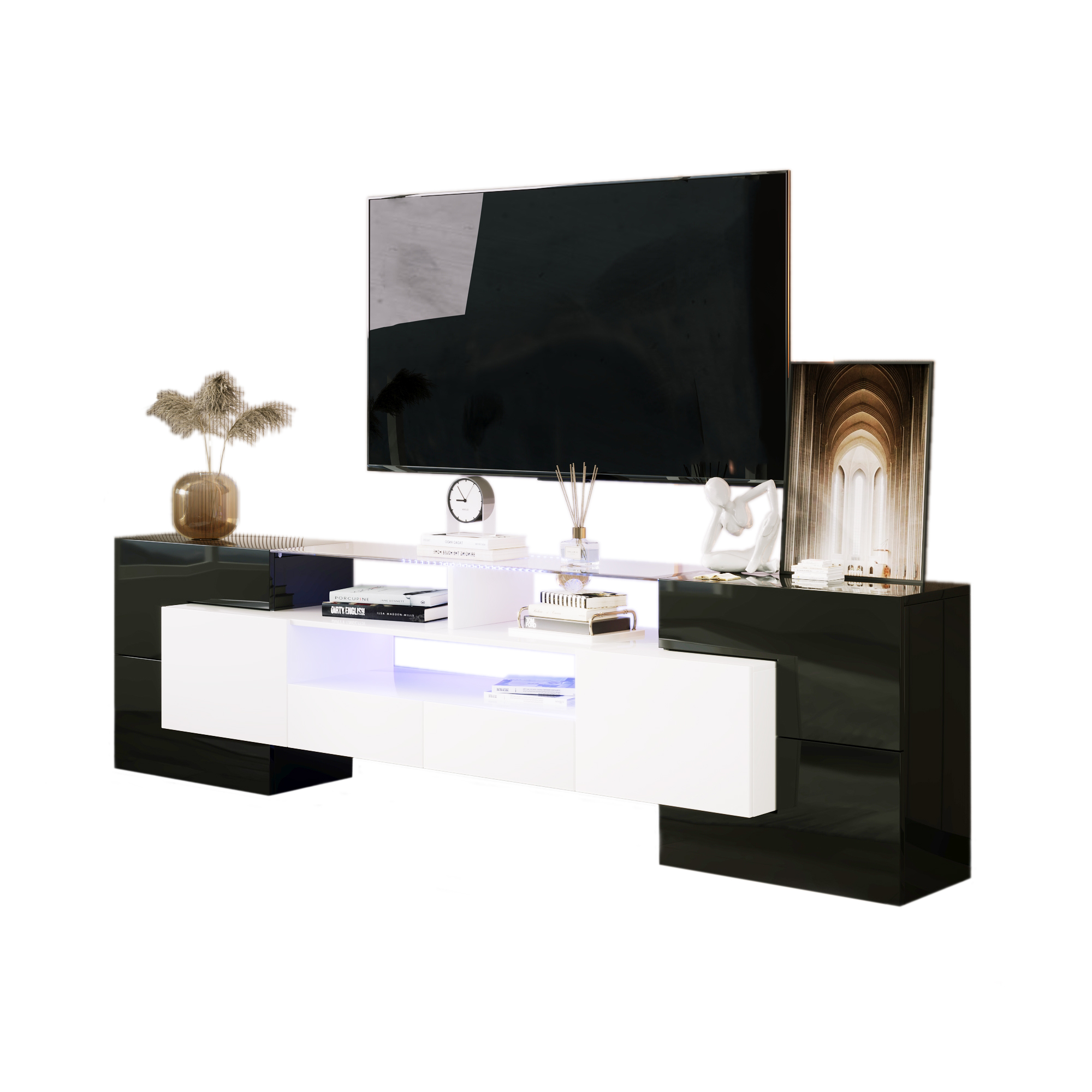 TV-taso 200x35x60 cm musta ja valkoinen lastulevy säilytyksellä ja LED-valaistuksella