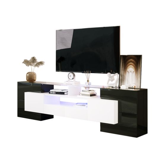 TV-taso 200x35x60 cm musta ja valkoinen lastulevy säilytyksellä ja LED-valaistuksella
