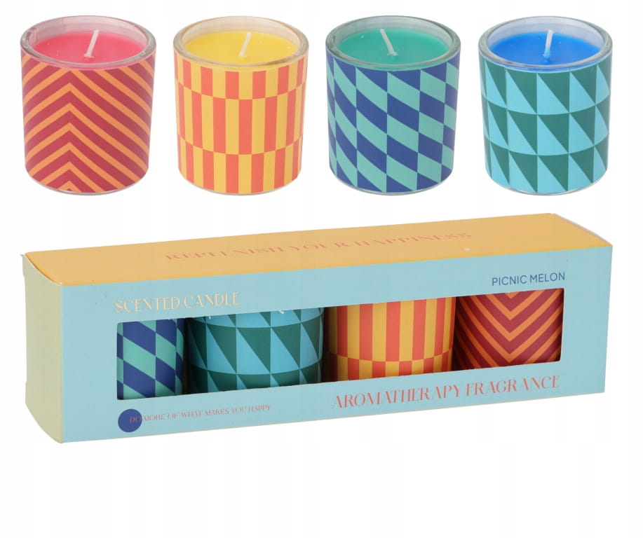 Setti 4 tuoksukynttilä lasia, värikäs kuvio