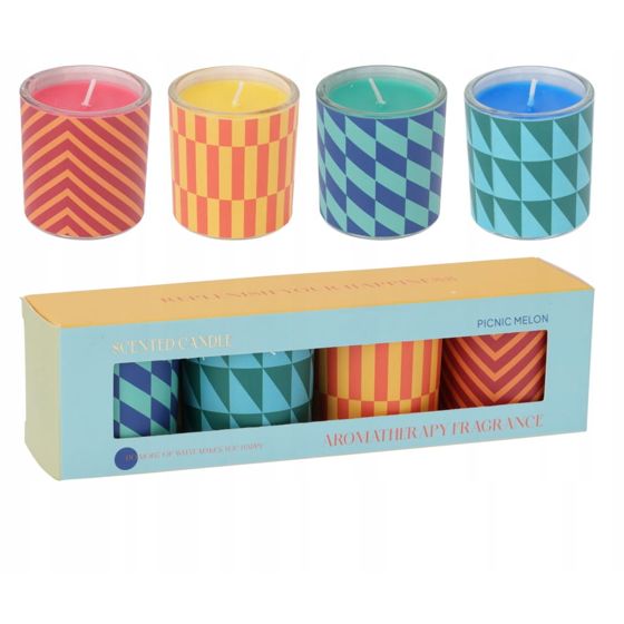 Setti 4 tuoksukynttilä lasia, värikäs kuvio