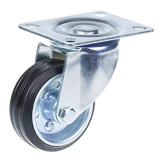 80 mm:n kääntyvä kääntöpyörä, jossa on musta kumi puristetun teräksen keskipyörällä.