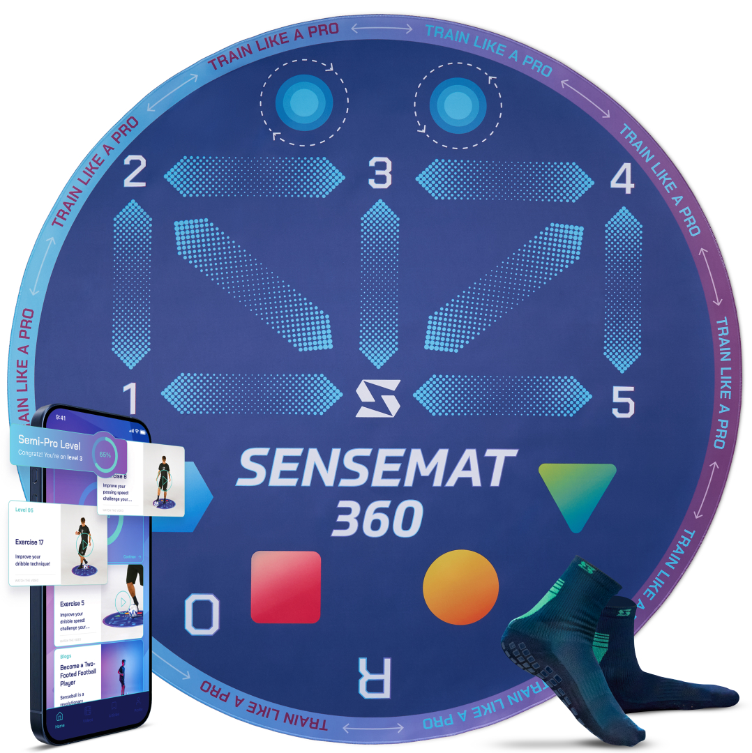 SenseBall® SenseMat 360 jalkapallon harjoittelumatto ja sovellus - 360° pinta, luistamaton TPU ja PE-vaahto, mukana pitosukat ja yli 50 harjoitetta