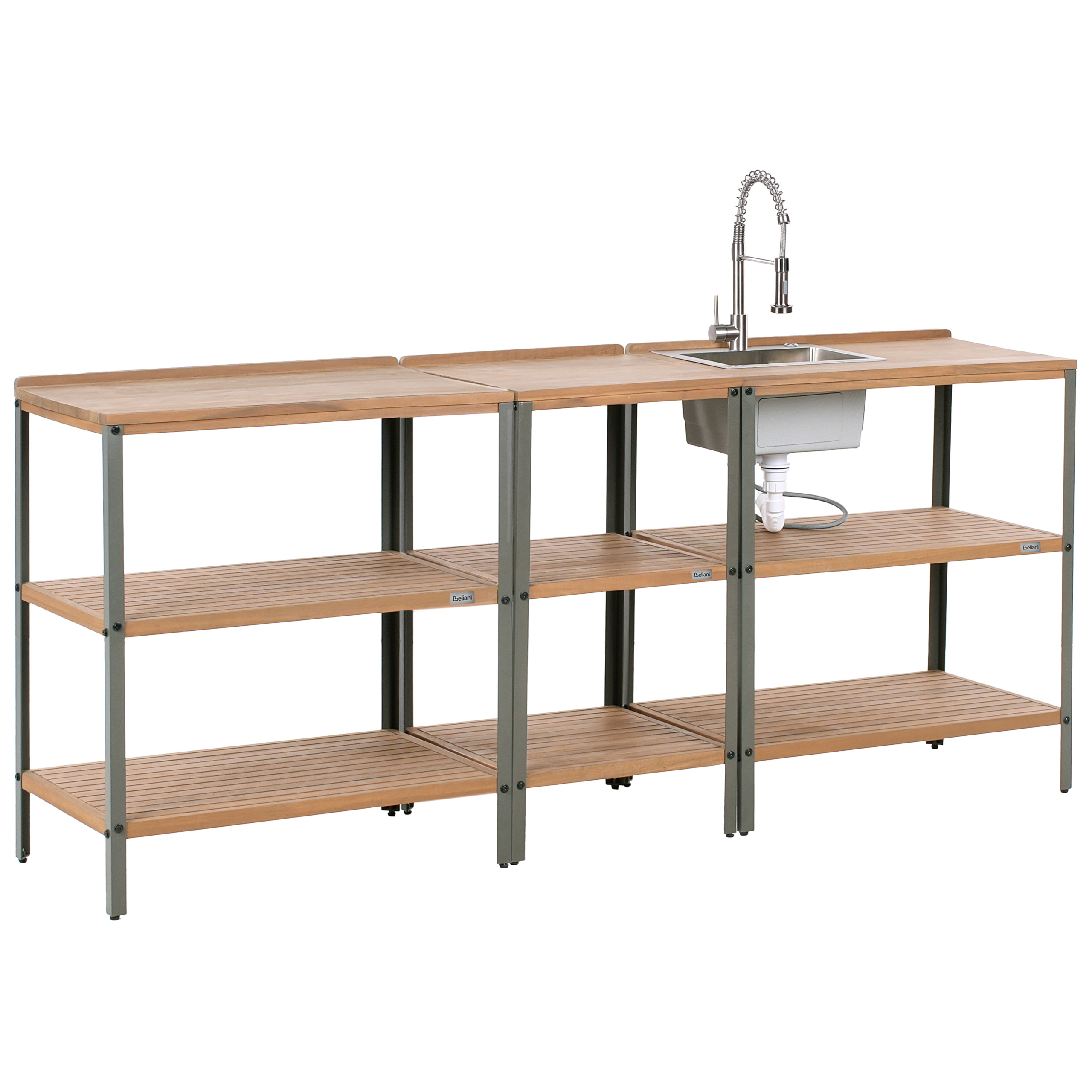 Ulkokeittiösetti pesualtaalla 3 osaa IVREA sertifioitu akaasia Ruskea/hopea