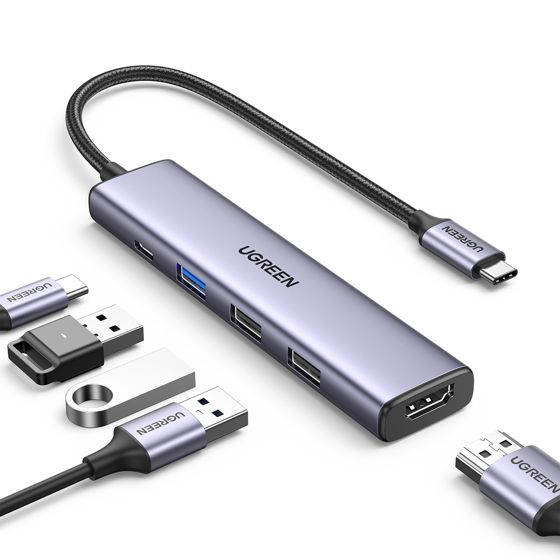Monitoiminen keskitinsovitin USB-A HDMI USB-C harmaa