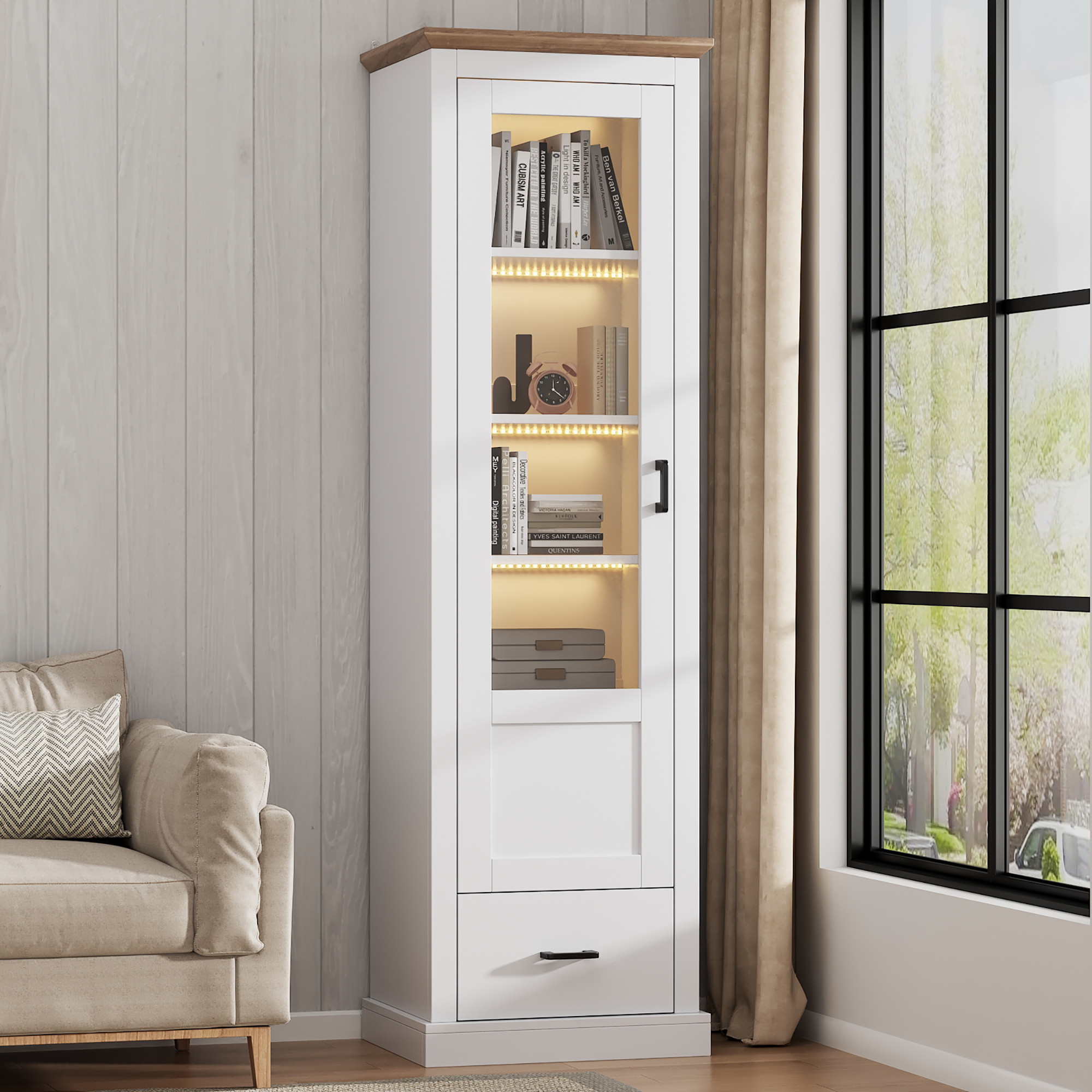 Valkoinen vitriinikaappi USB-portilla