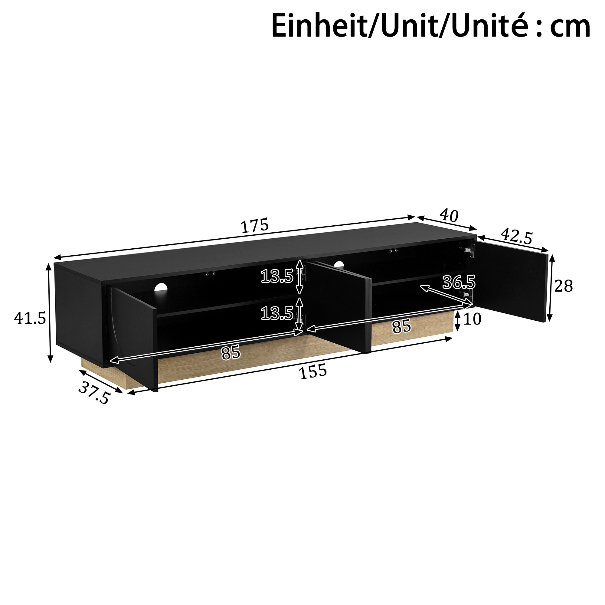 TV-taso 175x40x41,5 cm musta MDF skandinaavinen säilytyksellä ja johtoaukoilla